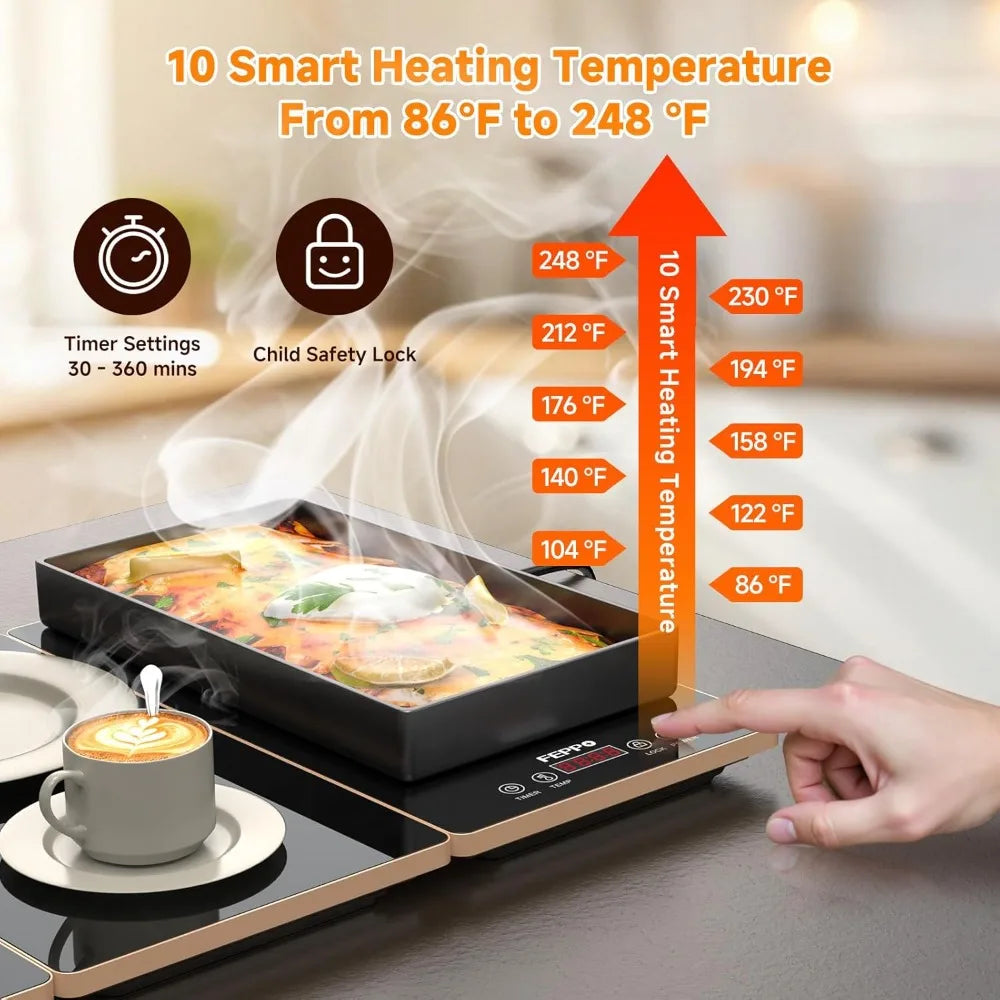 FEPPO Electric Warming Tray, 4-in-1 Food Warmers. 10 Temp Settings and Timer