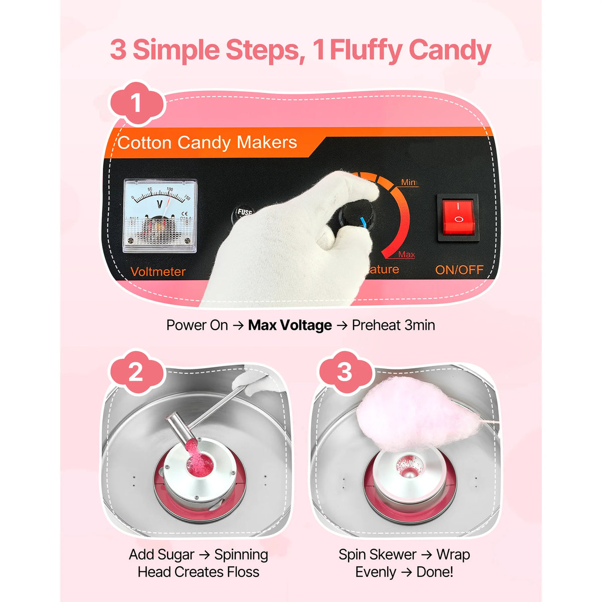 SucceBuy Cotton Candy Machine Commercial, 1000W Electric Candy Floss Maker Sugar Machine with 15 inch Stainless Steel Bowl