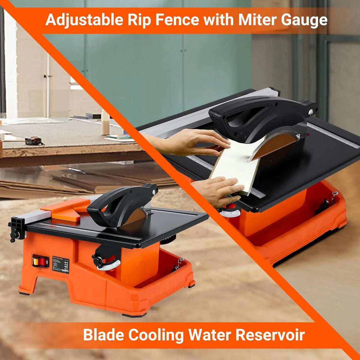 Wet Tile Saw 6500 RPM Copper Motor Tile Cutter 0-45° Bevel Cutting Built-In Water Tray with Rip Fence & Miter Gauge for Ceramic Stone Tile