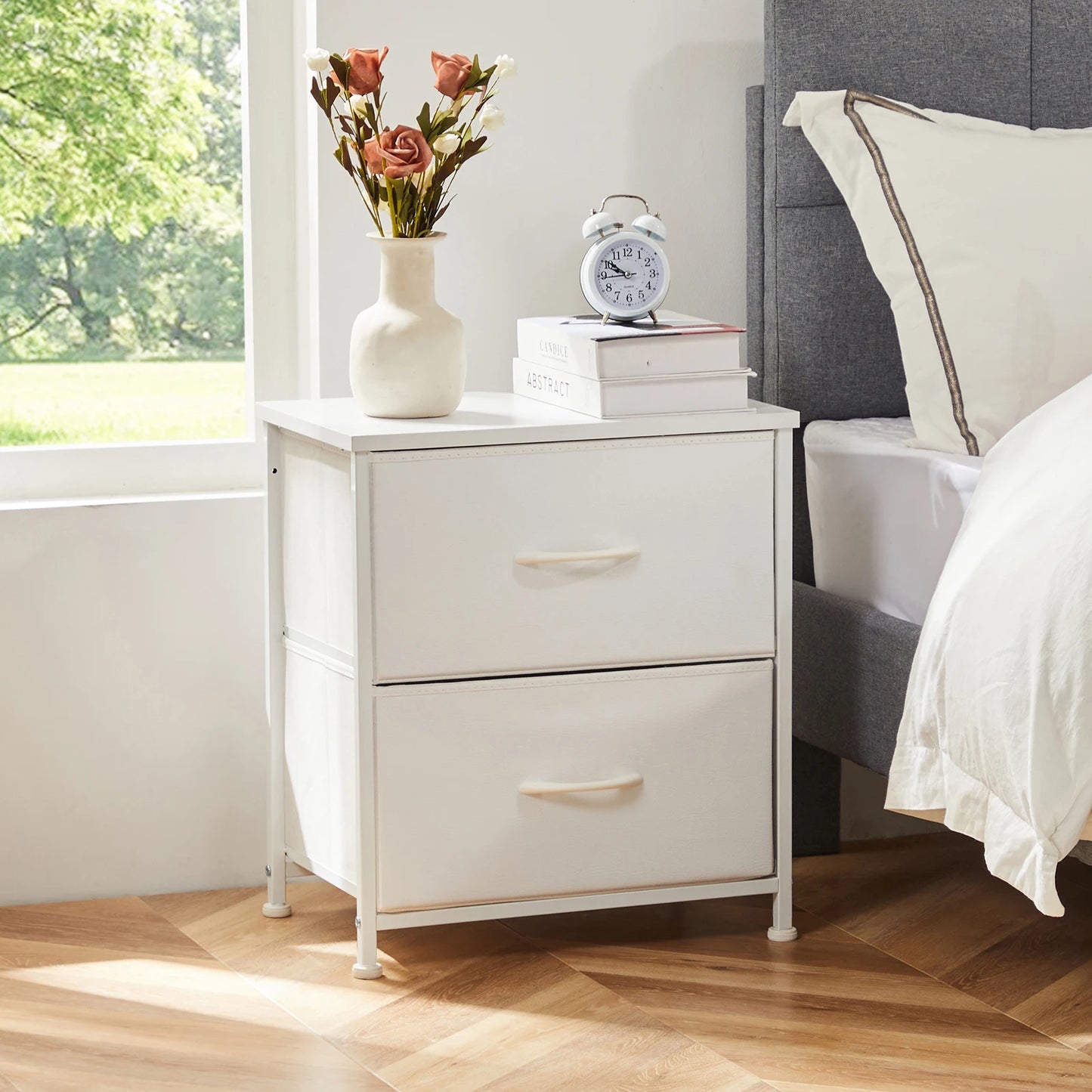 Nightstand Bedside Table Storage Closet Chest 2 Fabric Drawers