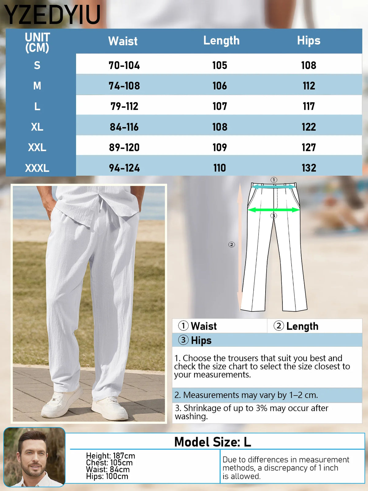Men's Casual Business Pants Cotton Linen Straight Leg Solid Color Lightweight.