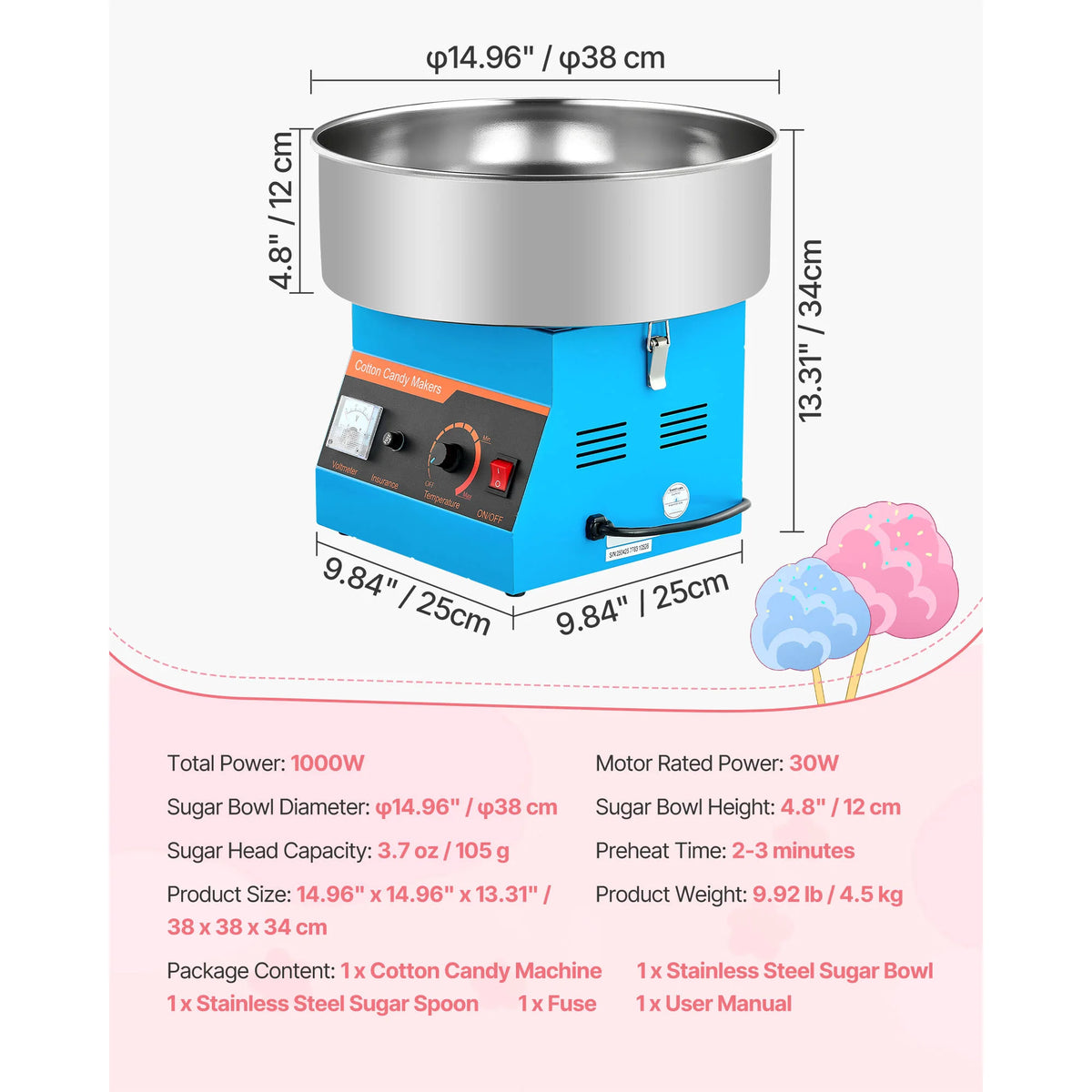 SucceBuy Cotton Candy Machine Commercial, 1000W Electric Candy Floss Maker Sugar Machine with 15 inch Stainless Steel Bowl