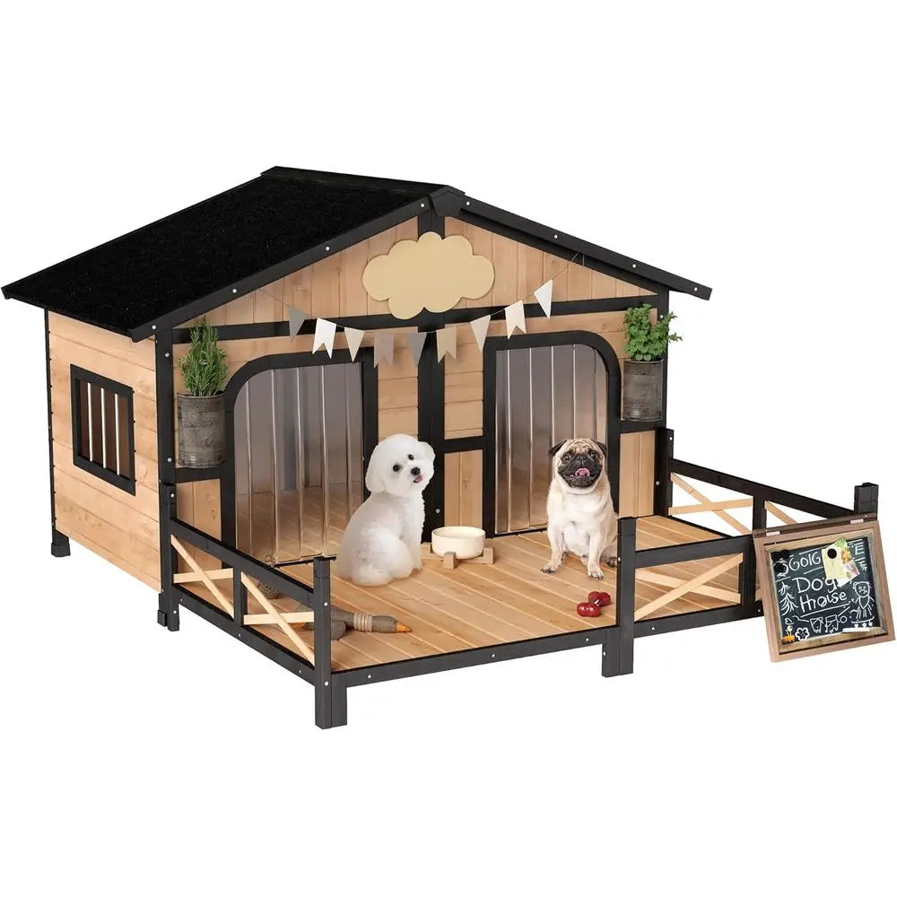 Elevated Wooden Outdoor Dog Kennel with Porch, Removable Bottom,.