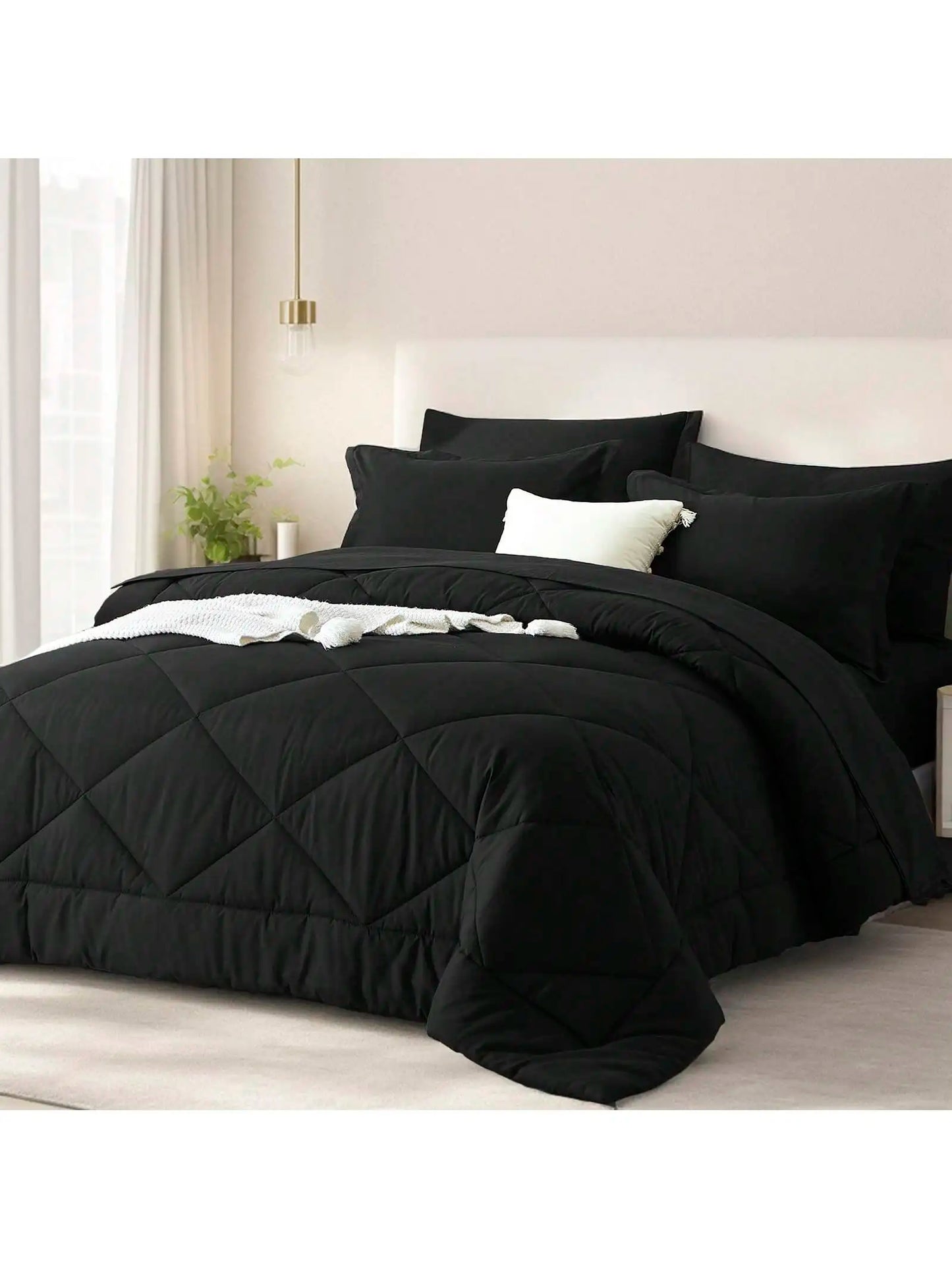 5/7 Piece Solid Color Bed Comforter Set Queen, Creative Geometric Pattern Design, ...Bed In A Bag For All Seasons.
