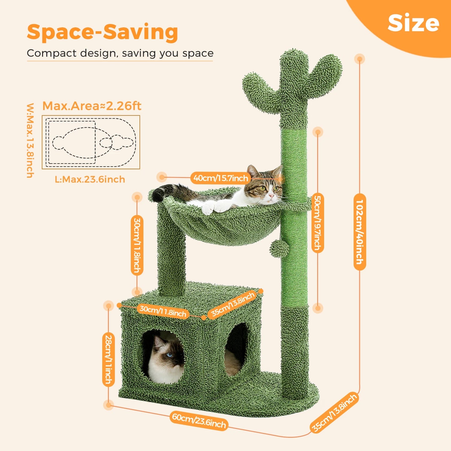Cactus Cat Tree Small Cat Tower with Spacious Condo ,Cozy Hammock Ball, Scratching .
