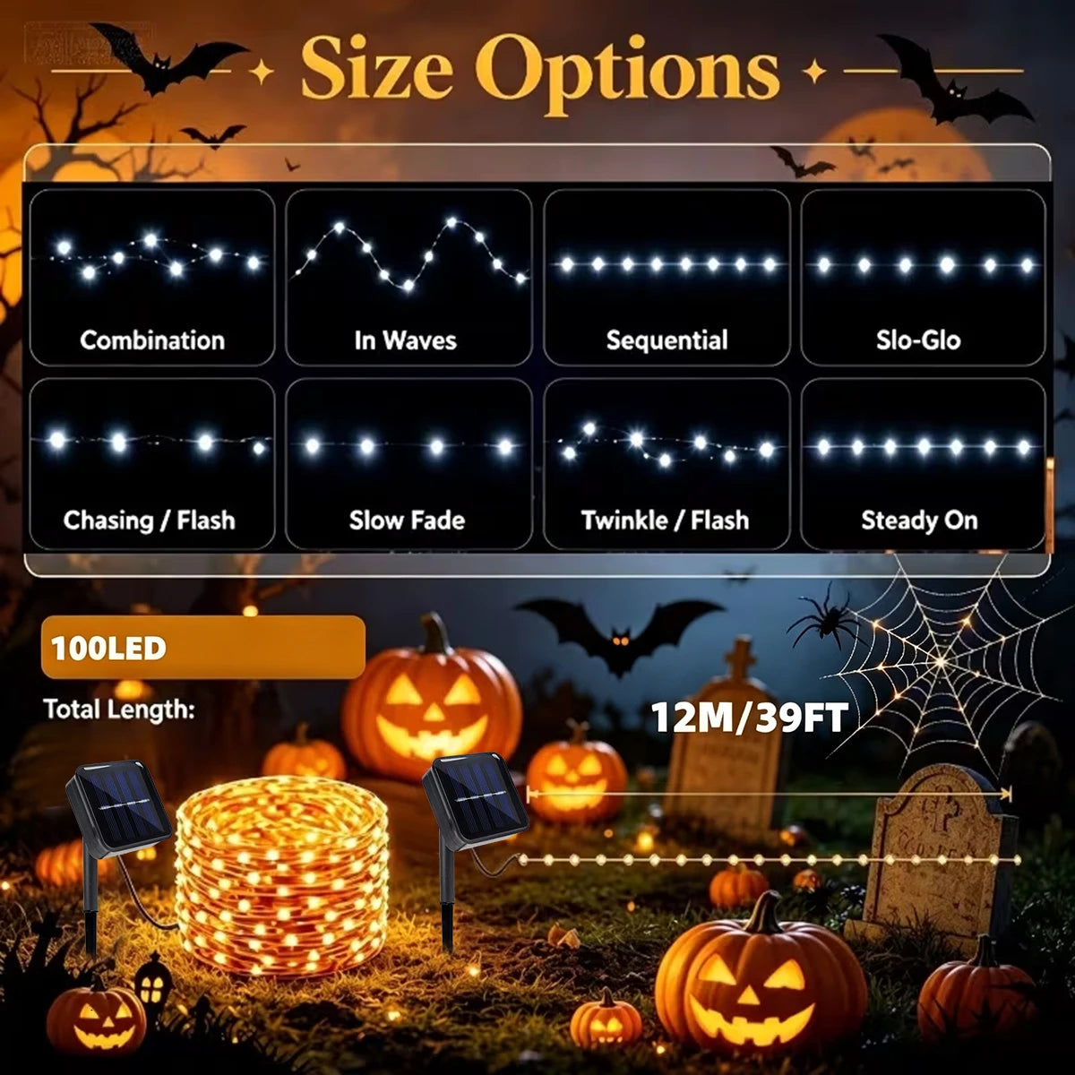 2Pcs/Set Halloween Solar Fairy String Lights Copper Wire LED Outdoor Lights With 8 Modes Outdoor.
