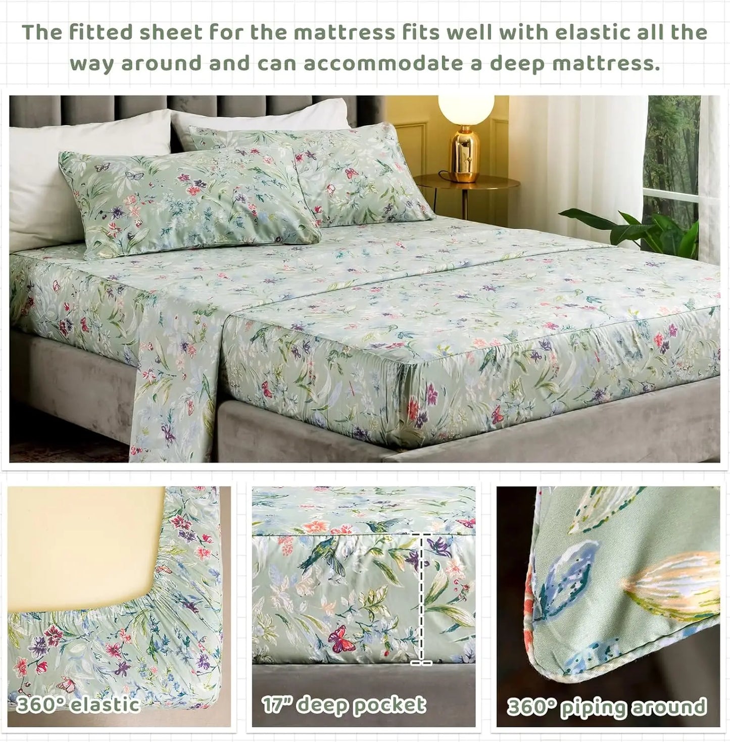Queen Size Floral Sheet Set with Green Flower Bird Butterfly Print - Botanical Egyptian Cotton Bed Sheets.