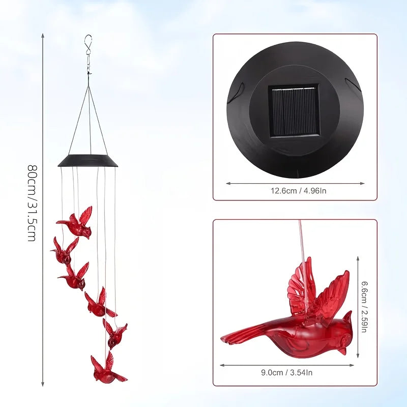 Solar-Powered Flaming Bird Wind Chime Lights for Outdoor Use, Featuring Waterproof Design And Vibrant Colors.