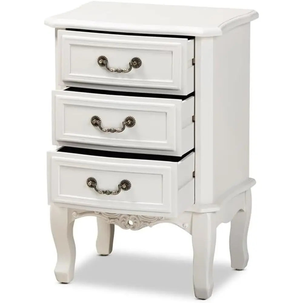 French Provincial Style White Nightstand with Brass Handles