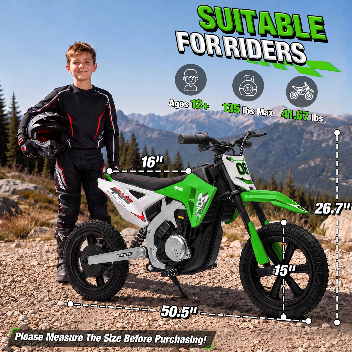 24V Kids Electric Dirt Bike, Powerful Motor 14MPH Ride‑on Motorcycle for Kids, 3‑Speed Adjustable with Disc Brake & Shock Absorption,