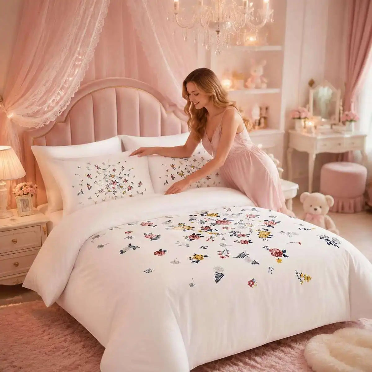 2/3Pcs Floral Cluster Printed Duvet Cover Set, White Base Vintage Botanical Flower Bedding Set, .