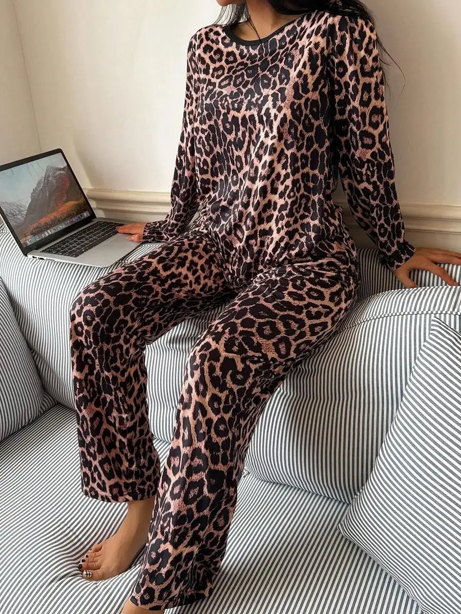 Leopard Print Long Sleeve Pajama Set Women
