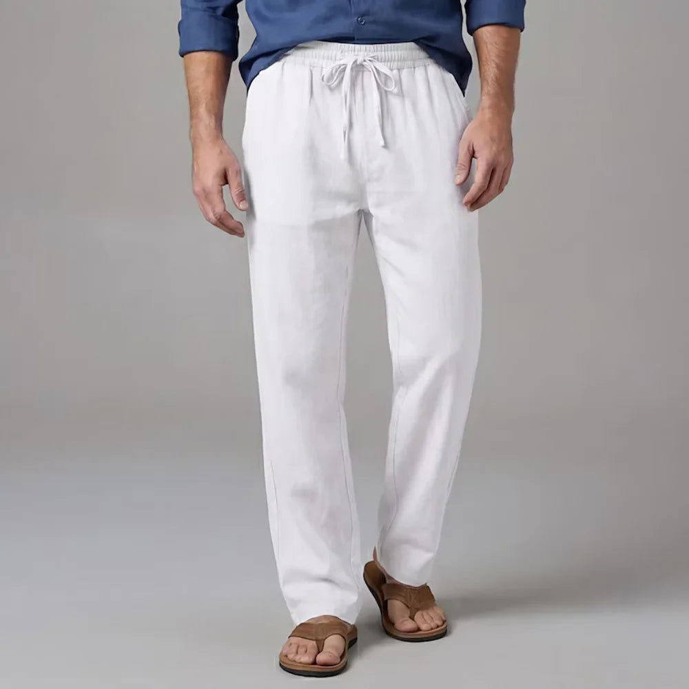 Men's Casual Business Pants Cotton Linen Straight Leg Solid Color Lightweight.