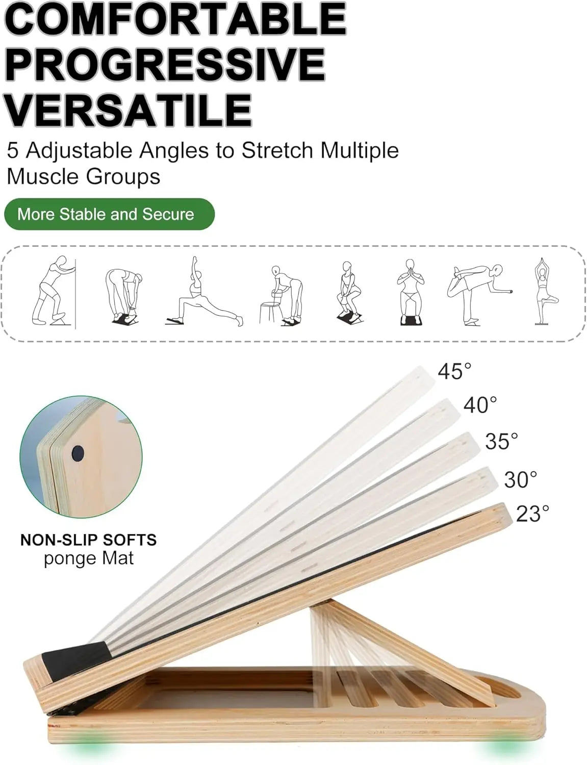 Slant Board for Calf Stretching, Adjustable Wooden Incline Board with Anti Slip Barrier.