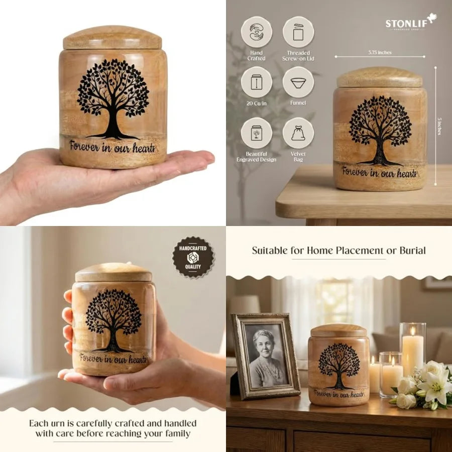 Wooden Cremation Urn for Ashes birch Tree of Life Engraved Keepsake Urn, Natural Wood, Memorial for Pet or Small Remains