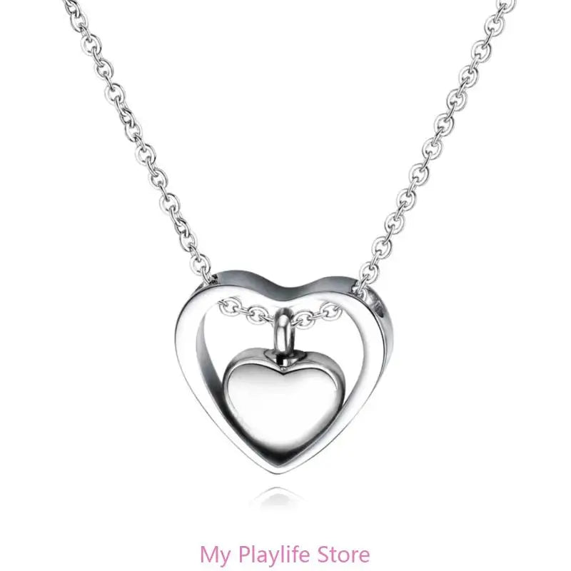 Stainless Steel Double Heart Cremation Urn Necklace Funnel Fill Memorial Ashes .