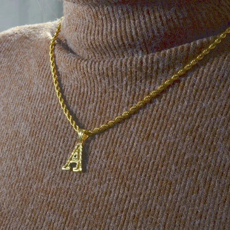 A-Z letter necklace, men's and women's gold-plated initials pendant rope chain,