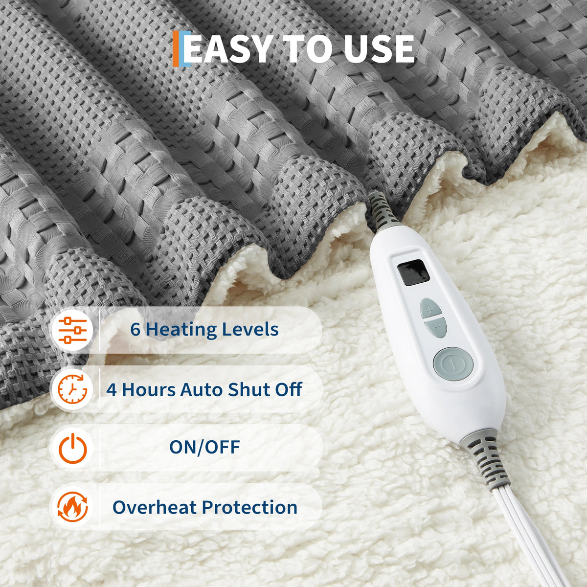 84*90 in Heated Throw Blanket Waffle Sherpa Electric Heating Blanket for Cozy Warmth 50x60 in Gray Queen/King Size