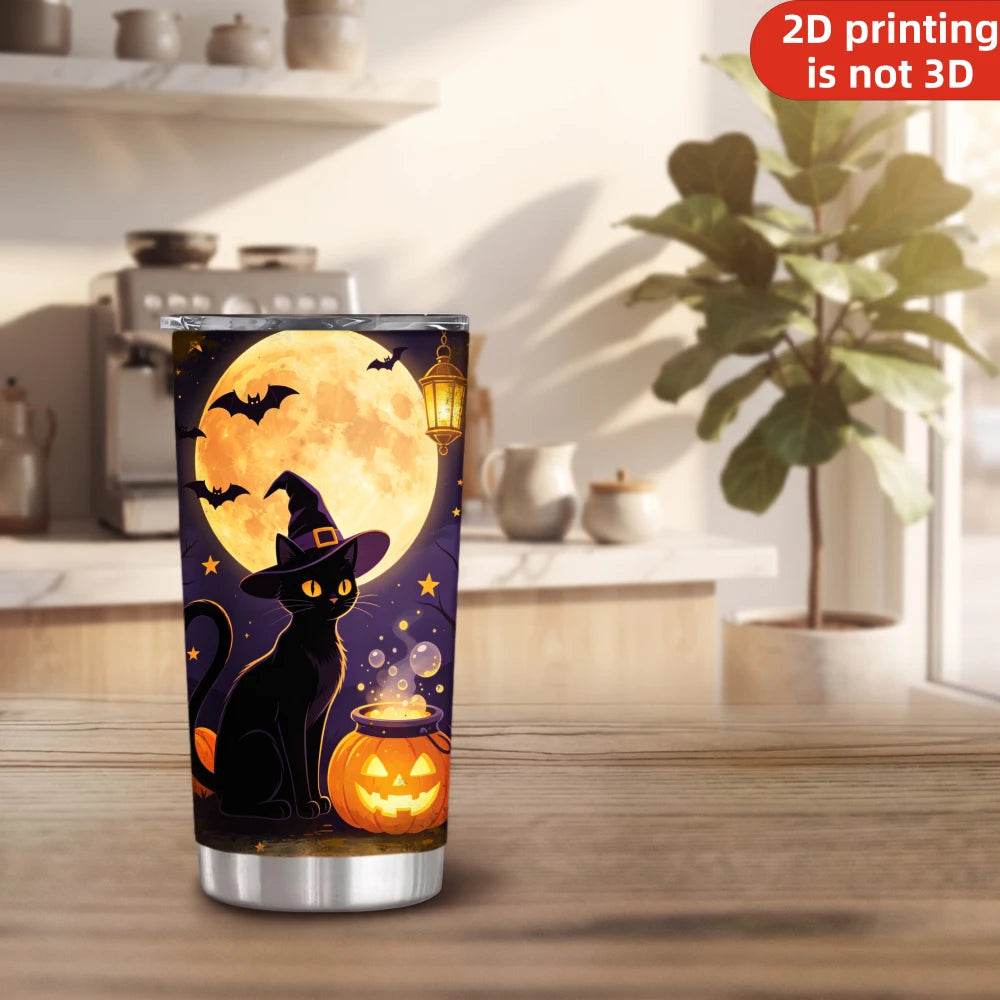 20oz Halloween Black Cat Witch Printed Stainless Steel Tumbler with Lid and Straw, Full Moon Glowing Pumpkin Cauldron Spooky Night .