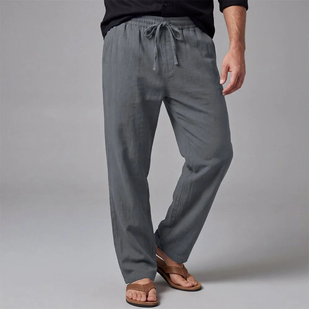 Men's Casual Business Pants Cotton Linen Straight Leg Solid Color Lightweight.