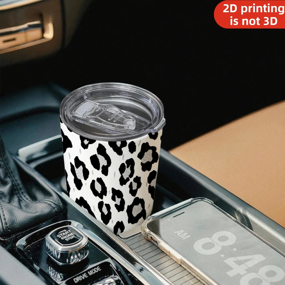 20oz Black Silver Glitter Leopard Print Stainless Steel Tumbler with Lid and Straw.