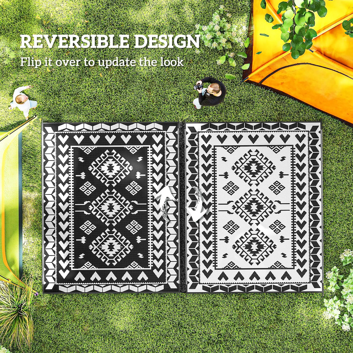 Outdoor Rug, 8' x 10' Floor Mat, Black White Rhombus Patchwork