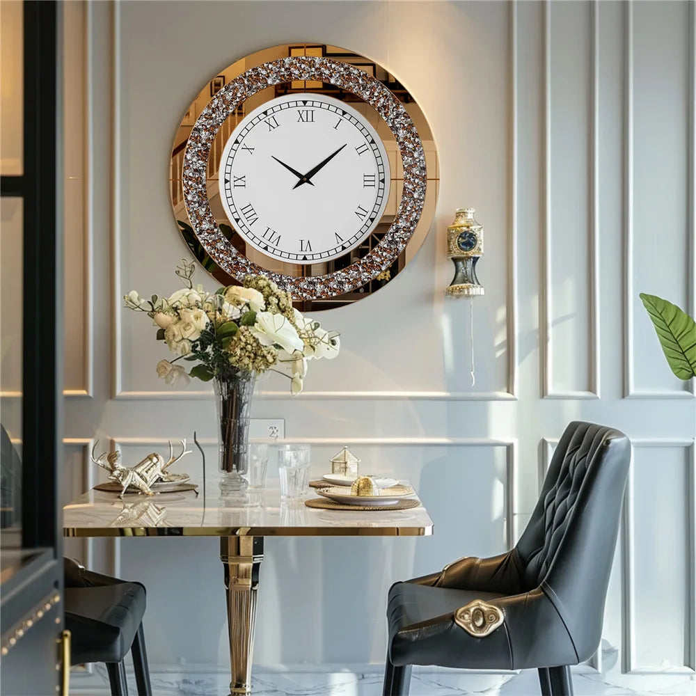 Large Mirror Wall Clock with Crushed Diamond Edge, Sparkling Bling Bling Crystal Round Clock. Luxury Glamorous Home Decor, Silent Non-Ticking Quartz, .