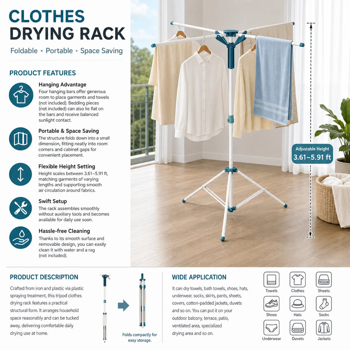 Tripod Clothes Drying Rack Foldable Laundry Rack with 4 Hanging Rods, Adjustable Height 3.61-5.91ft .