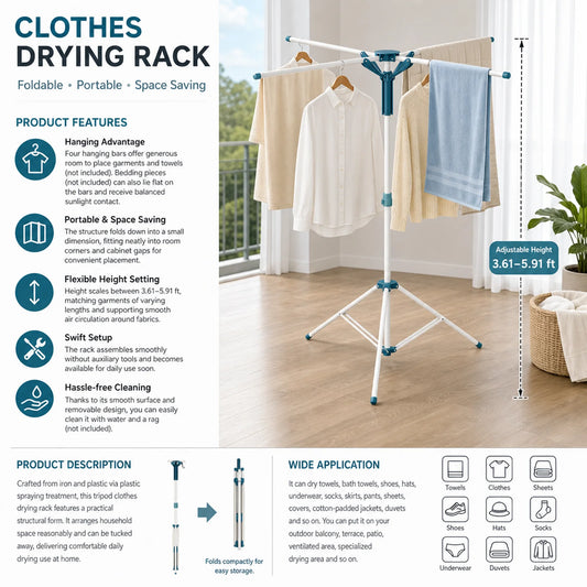 Tripod Clothes Drying Rack Foldable Laundry Rack with 4 Hanging Rods, Adjustable Height 3.61-5.91ft .