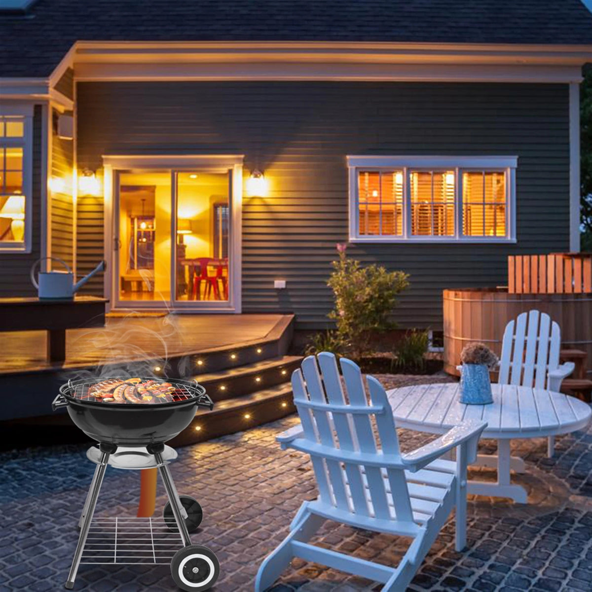 Portable Charcoal Grill with Thermometer & Wooden Handle.