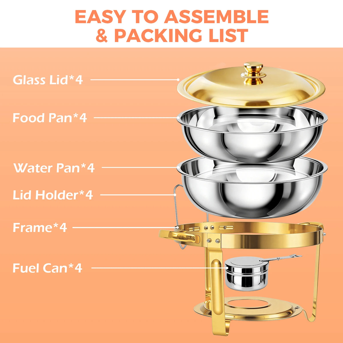 2/4/6 Pack Chafing Dish Buffet Set 5QT Round Gold-Plated Stainless Steel 316 with Glass Lids – .