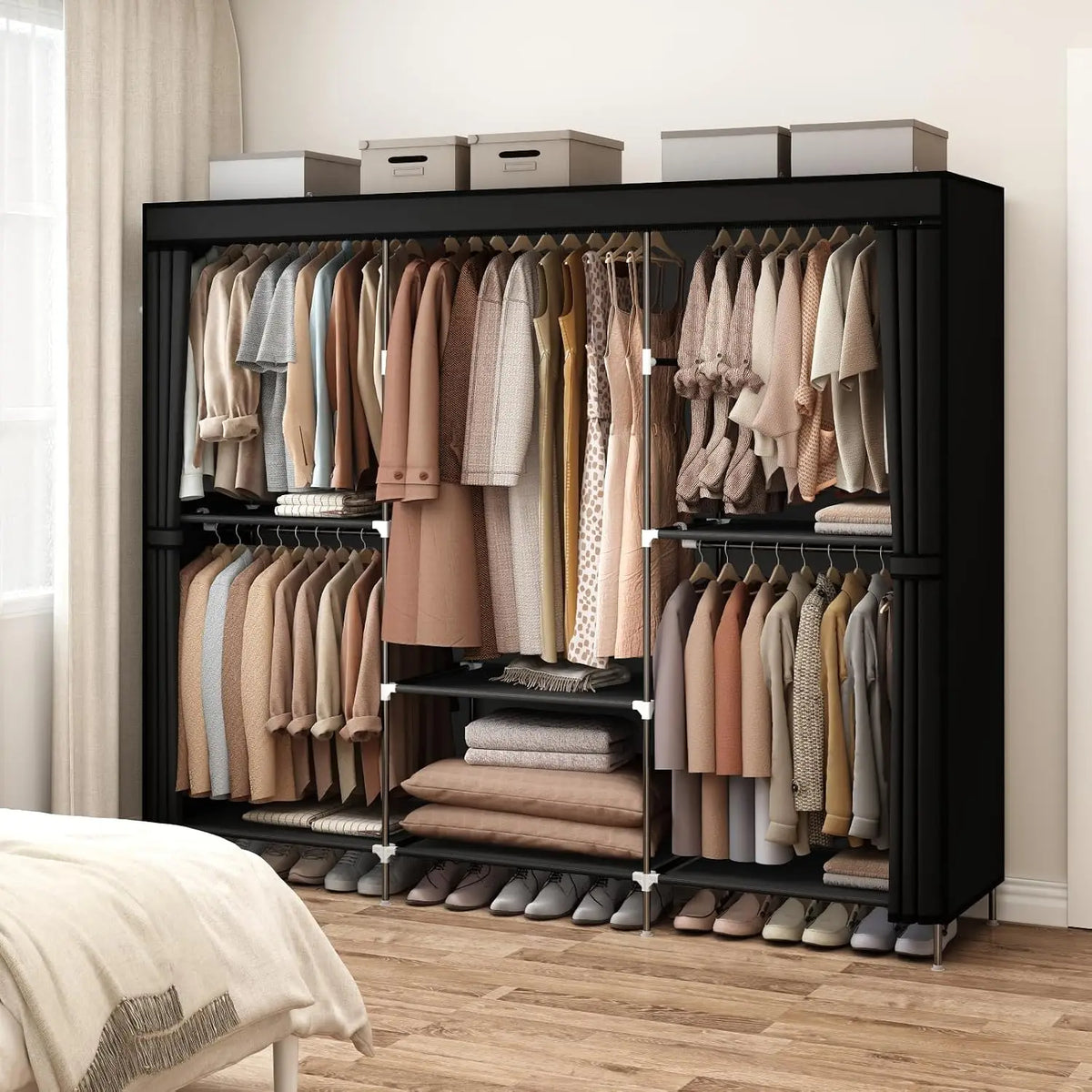 83" Portable Wardrobe Closet .Freestanding Clothes Rack Organizer with Dust Cover, 5 Hanging Rods & 6 Storage drawers