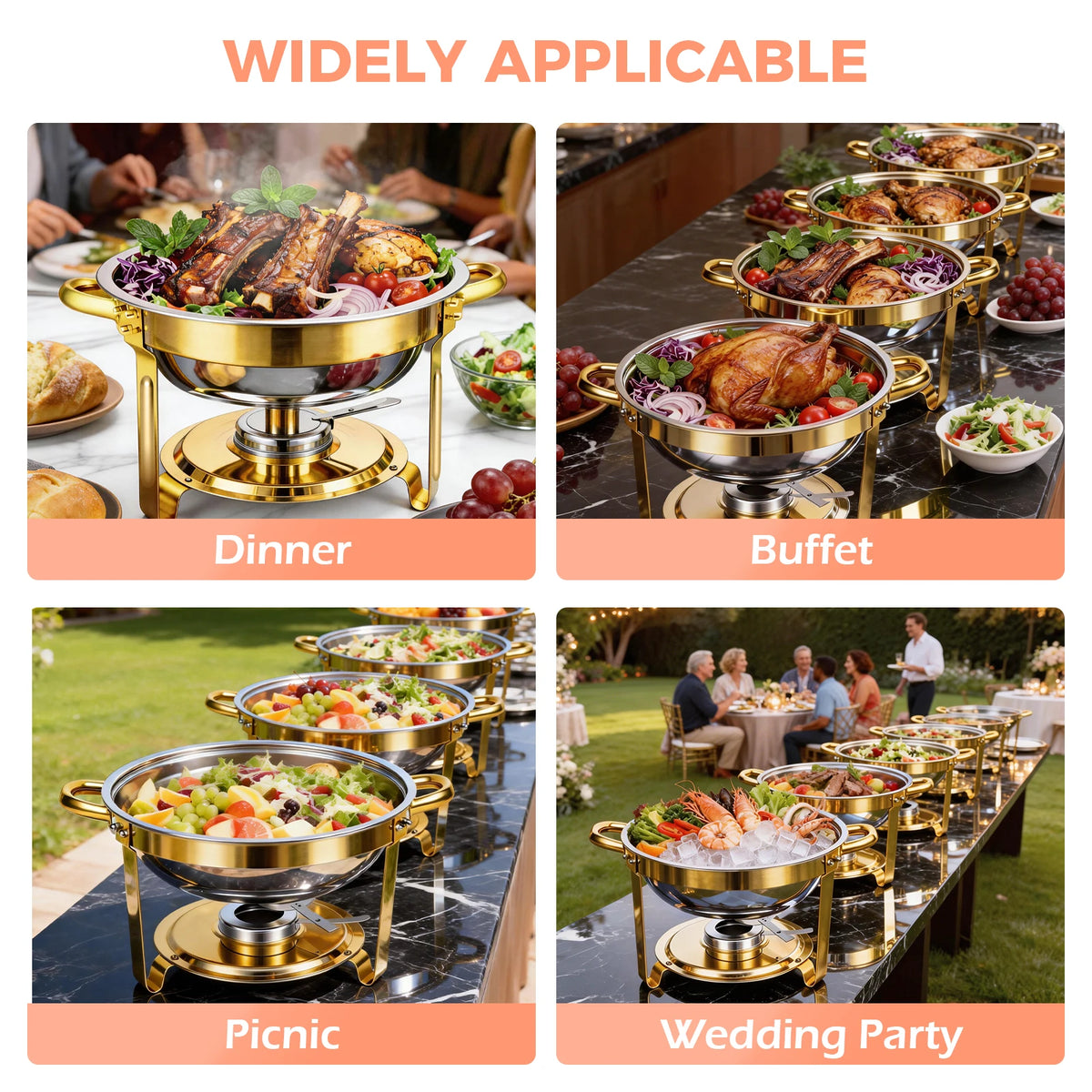 2/4/6 Pack Chafing Dish Buffet Set 5QT Round Gold-Plated Stainless Steel 316 with Glass Lids – .