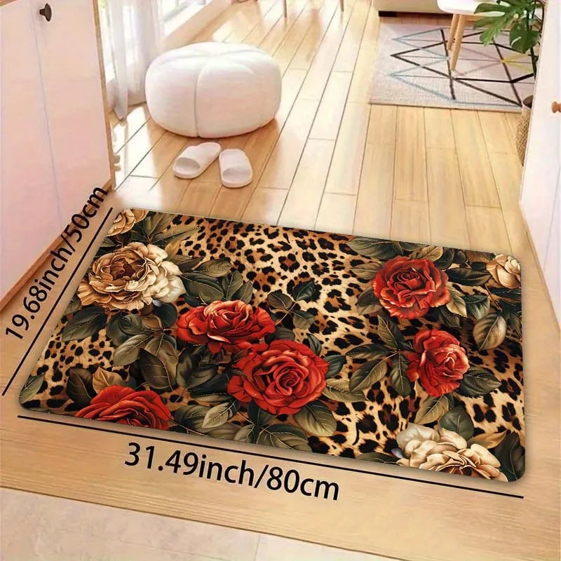 1Pc/ 8mm Vintage Leopard Print Rose Esports Room Floor Mat. Machine Washable .