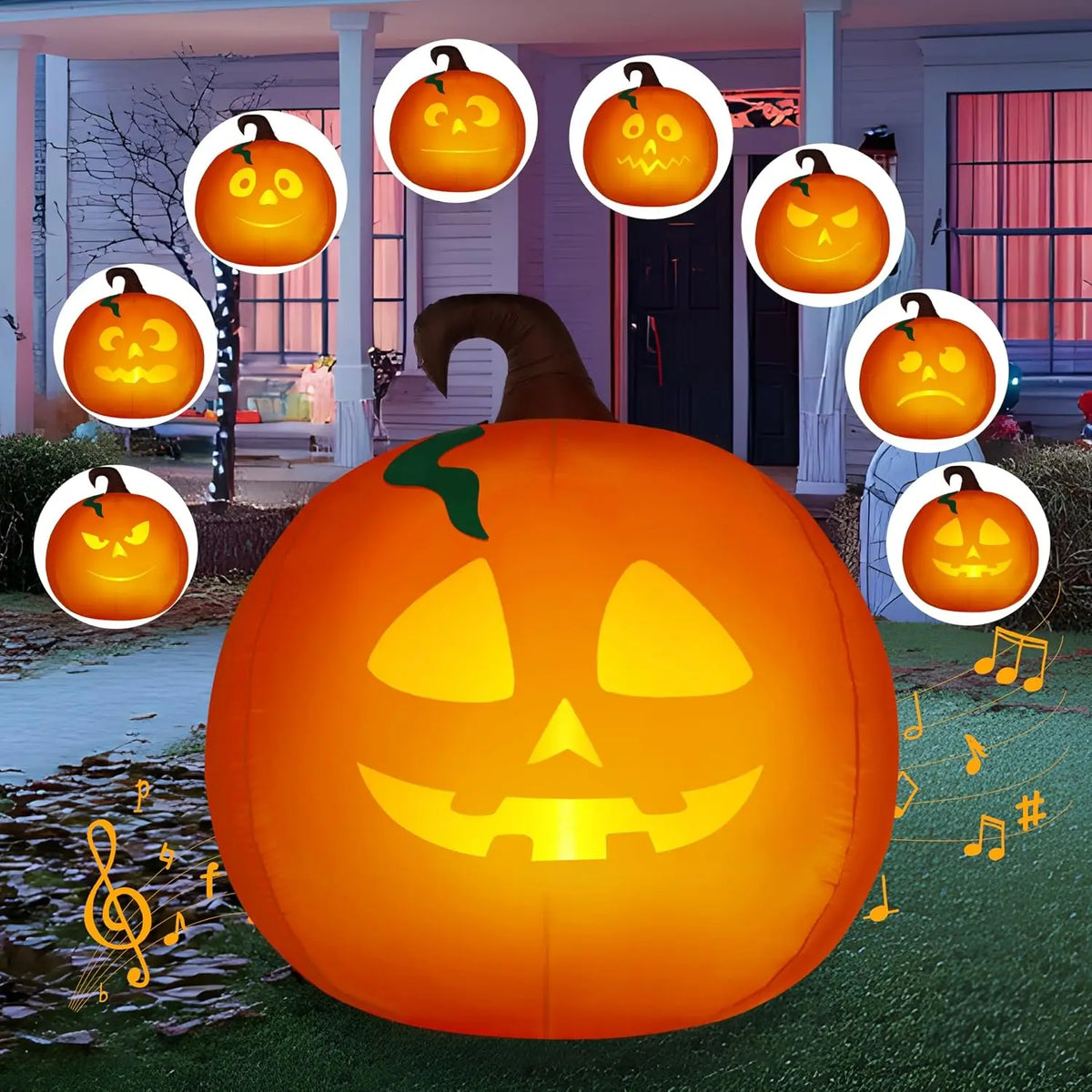 5 Ft Tall Pumpkin with Projector Face and Music Halloween Inflatable Pumpkin Outdoor Decoration Blow Up Yard Decorations with LEDs.