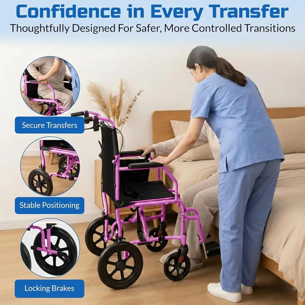 ingbird™ Ultra-Lightweight foldable Transport Wheelchair, Handbrakes,12-Inch Rear Wheels, Extra-Wide Seat.