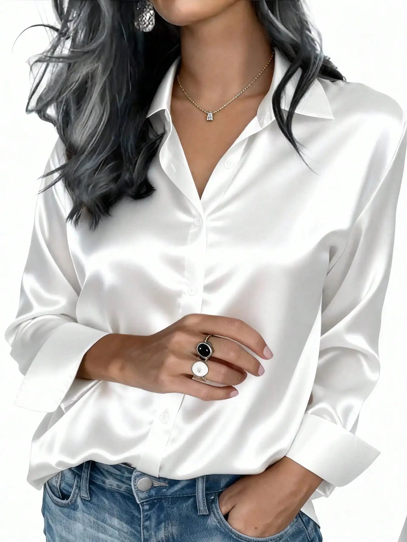 Women's Satin Button-Up Blouse, Apparel