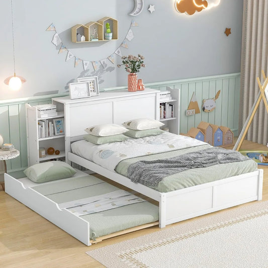 Full Size Storage Platform Bed with Pull Out Shelves, Twin Size Trundle, Solid Wood and MDF, 98" L x 89" W x 39.5" H