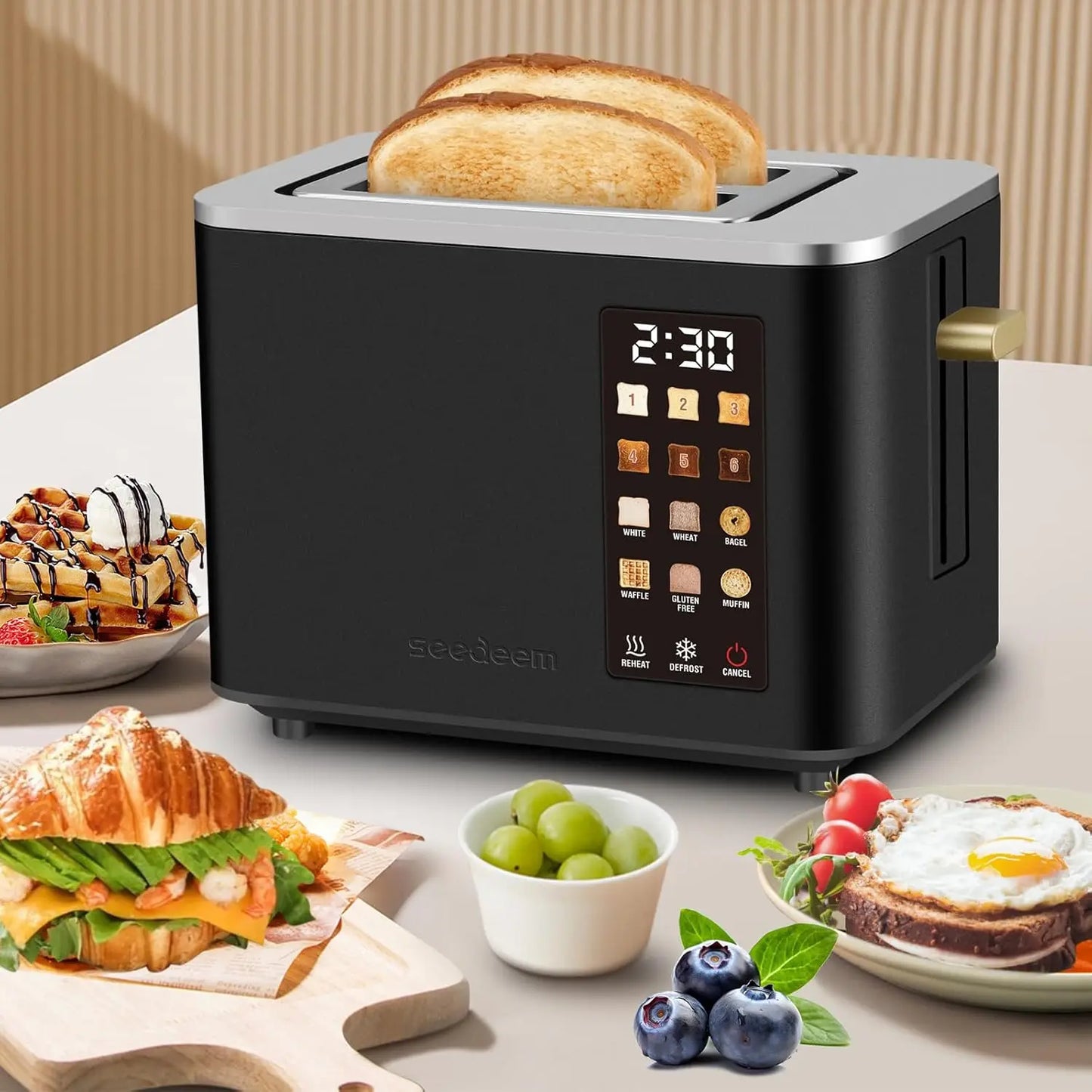 Toaster 2 Slice, Touch Control Screen, Smart Stainless Toaster, 6 Shade Setting, 6 Bread Selection, Countdown, Removable Crumb Tray, .