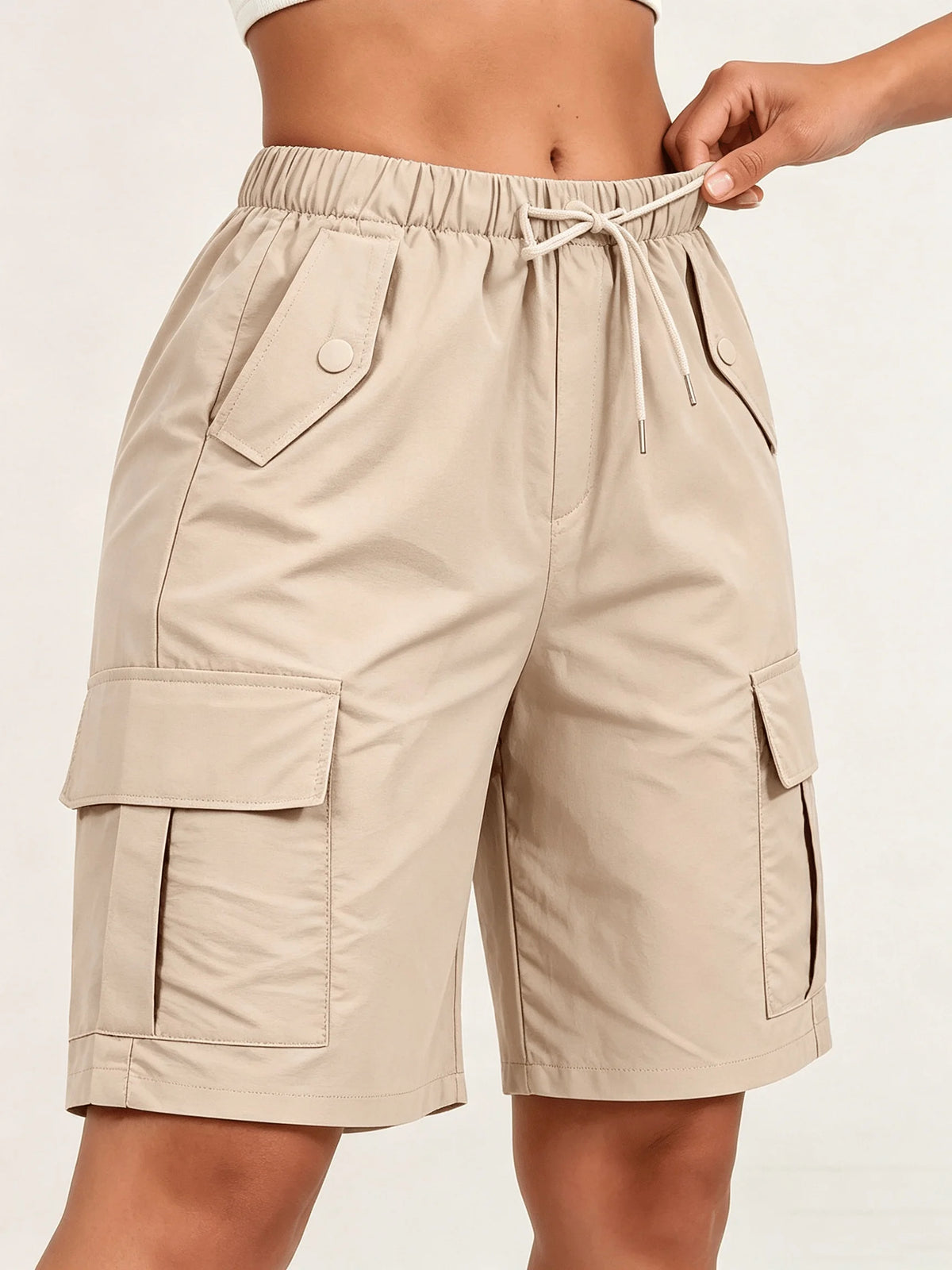 3pcs Women's Cargo Bermuda Shorts, Elastic Drawstring Waist Knee Length Shorts.