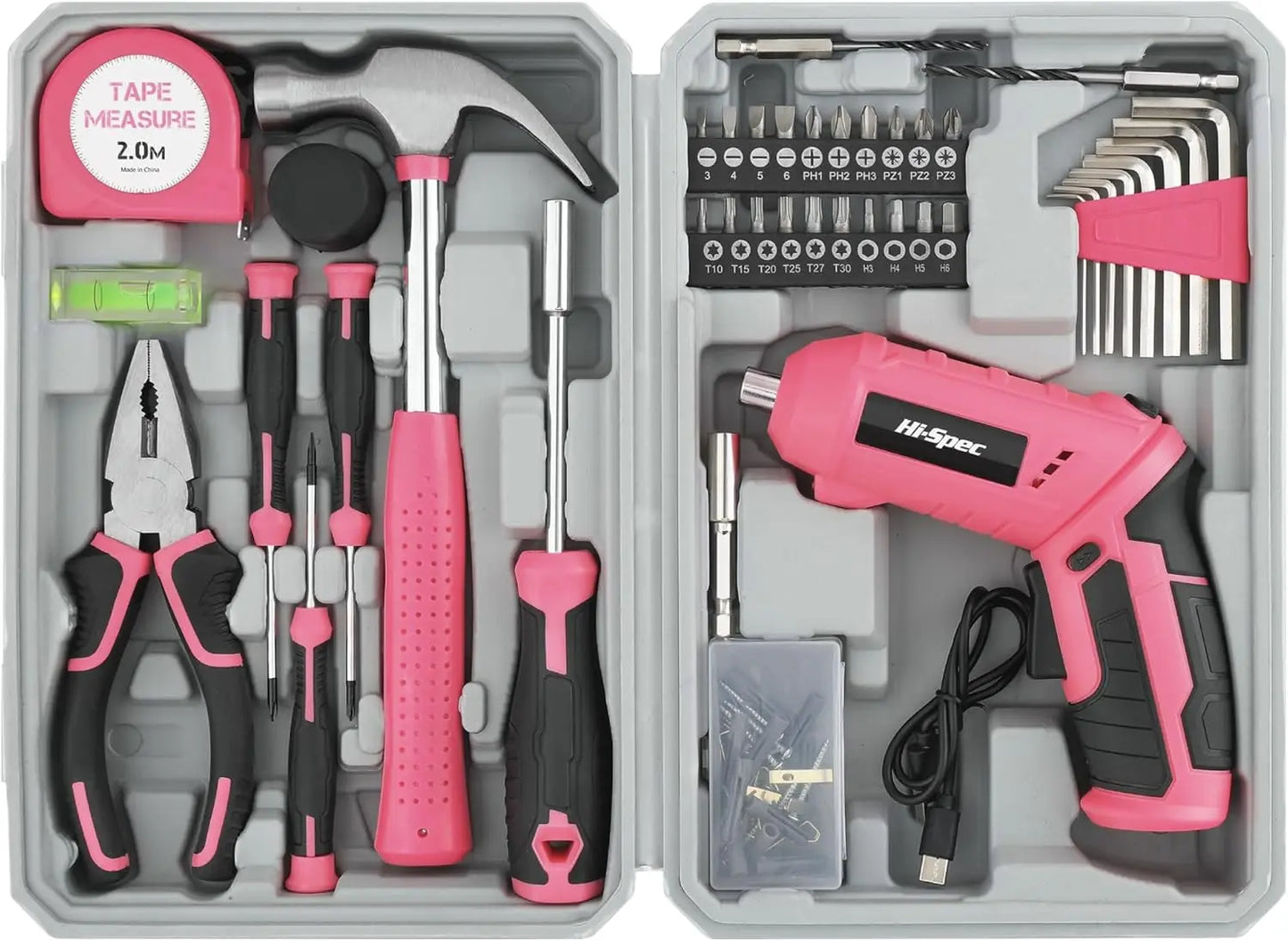 42pc Pink Cordless Power Screwdriver & Household Tool Kit with USB Rechargeable Electric Driver.