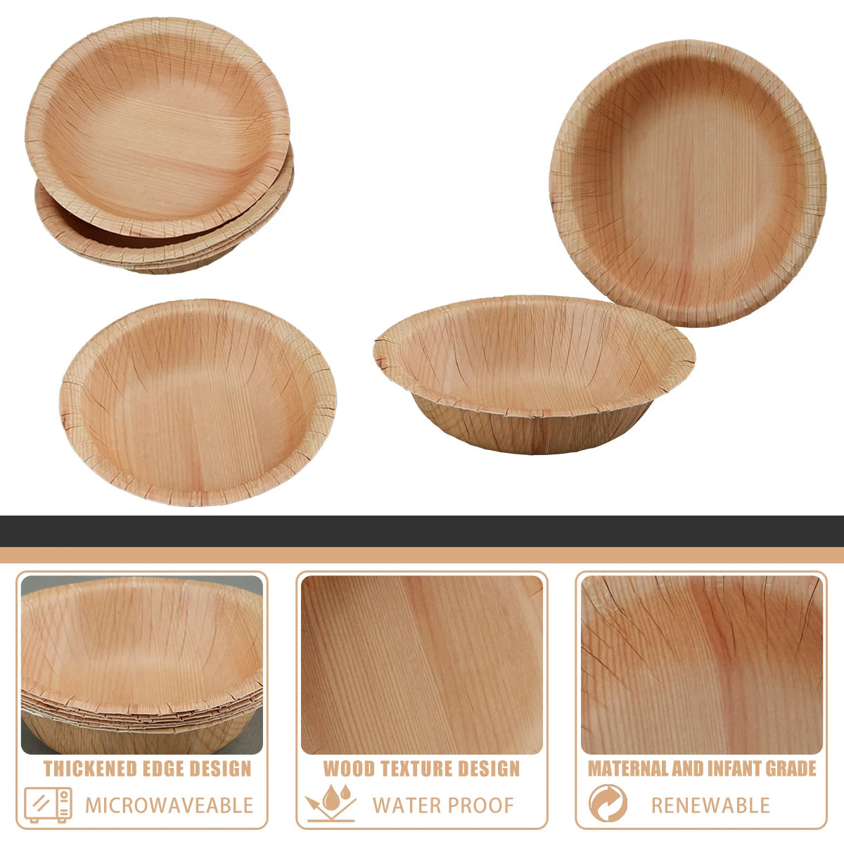 200ml Disposable Paper Bowls Microwave-Safe .Wood Grain Design.