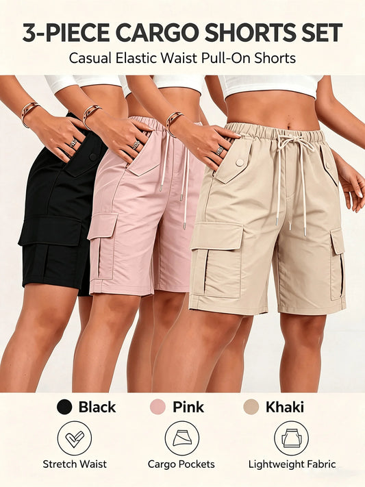 3pcs Women's Cargo Bermuda Shorts, Elastic Drawstring Waist Knee Length Shorts.