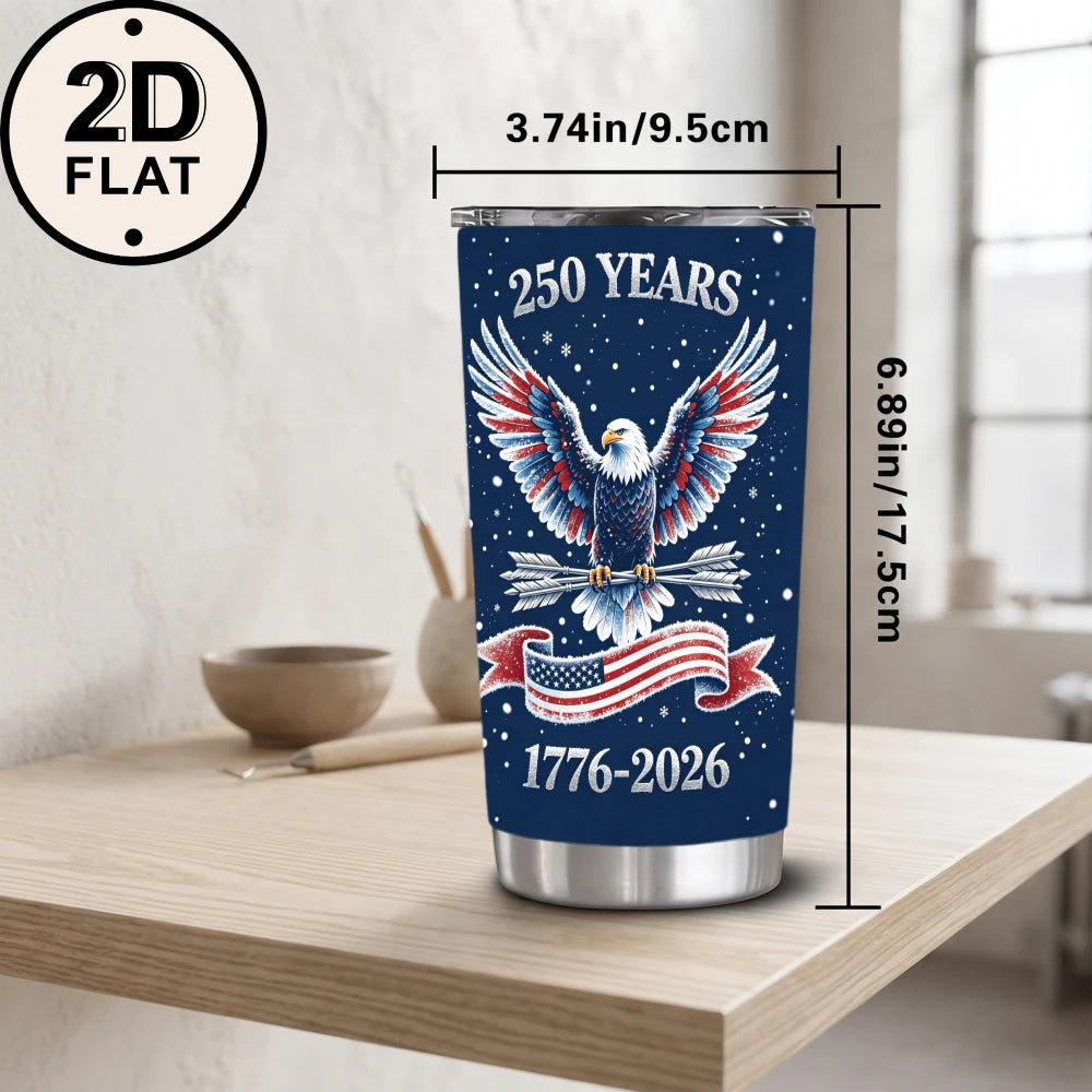 20oz USA 250th Anniversary Printed Stainless Steel Tumbler with Lid and Straw, Navy Blue Patriotic Eagle 1776-2026 American Flag .