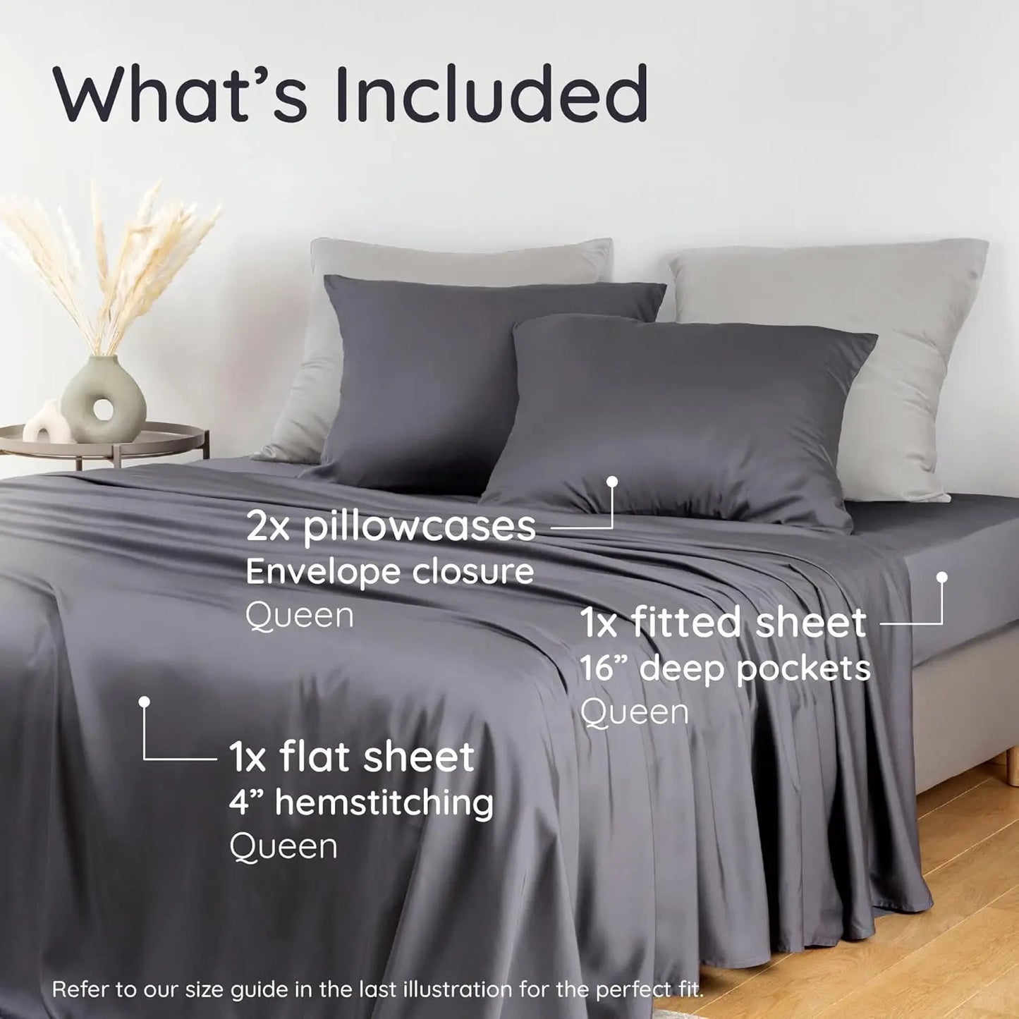 Bamboo Sheets Queen Size Set 4pcs Cooling Bed Sheet. Fits 16'' Mattress Charcoal