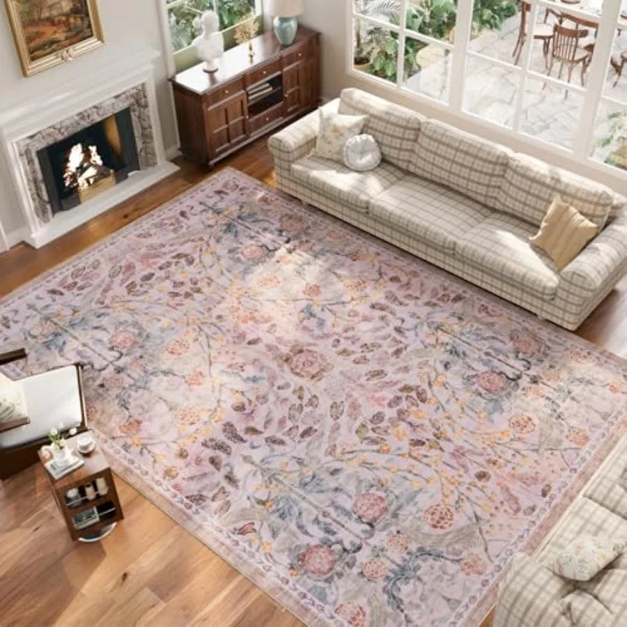 8x10 Washable Area Rugs  Floral Boho Vintage Print, Pink Polyester,
