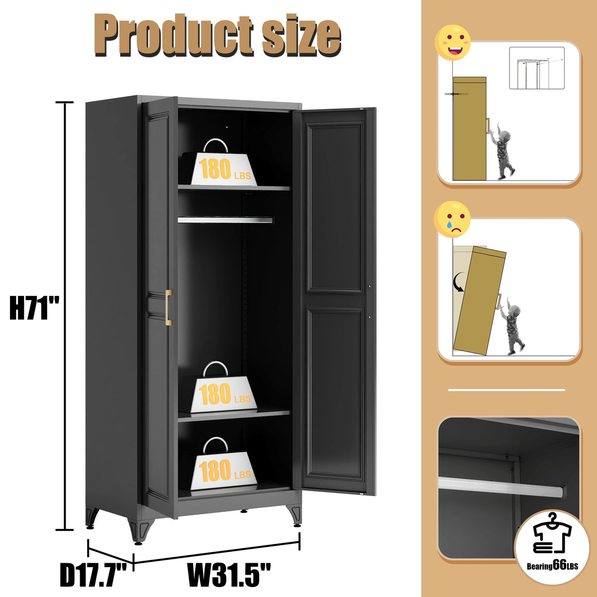 Steel Long Adult Modern Steel Armoire Wardrobe Storage Closet with 2 Doors and Shelves .