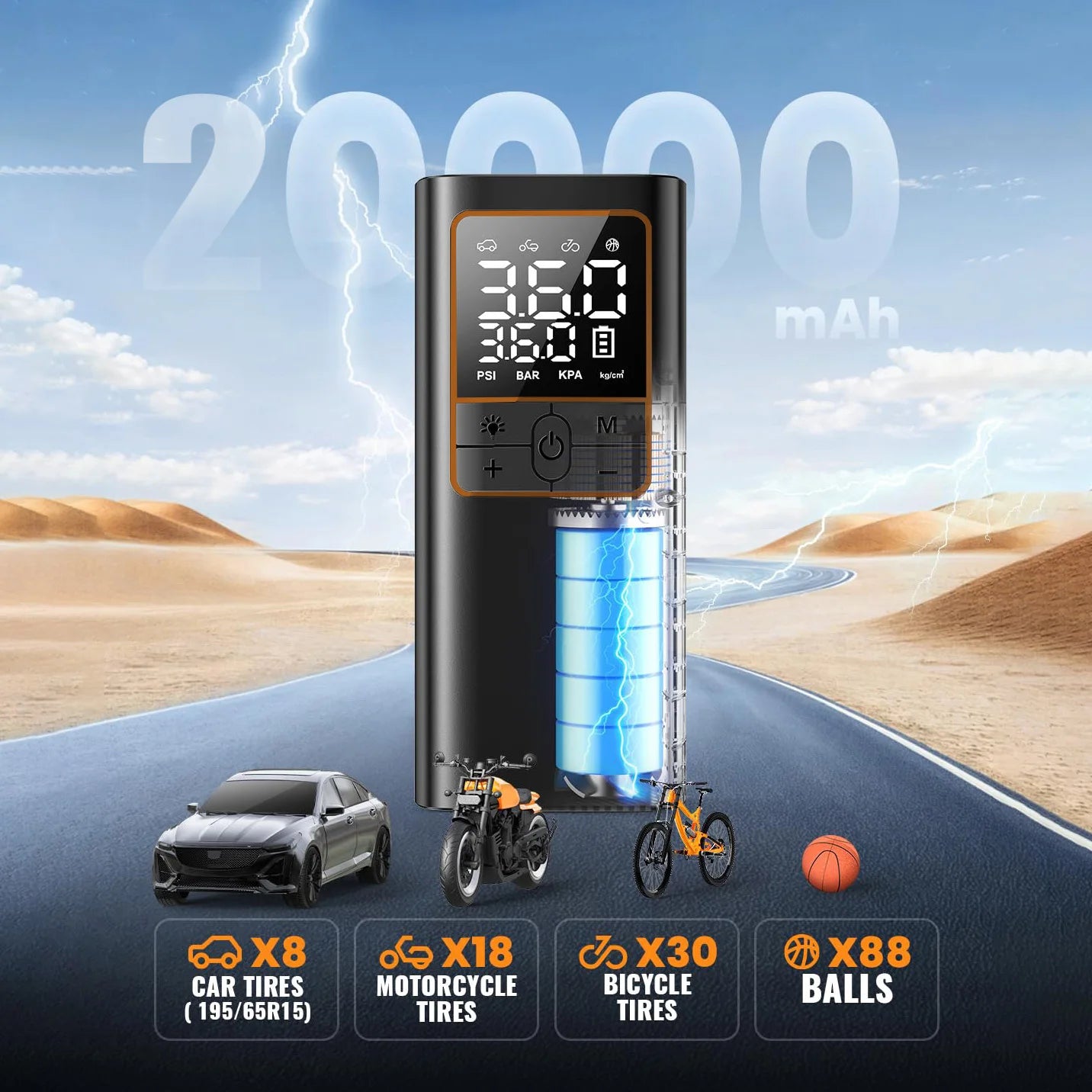 Tire Inflator Portable Air Compressor- 150PSI & 20000mAh . with Digital Tire Pressure Gauge