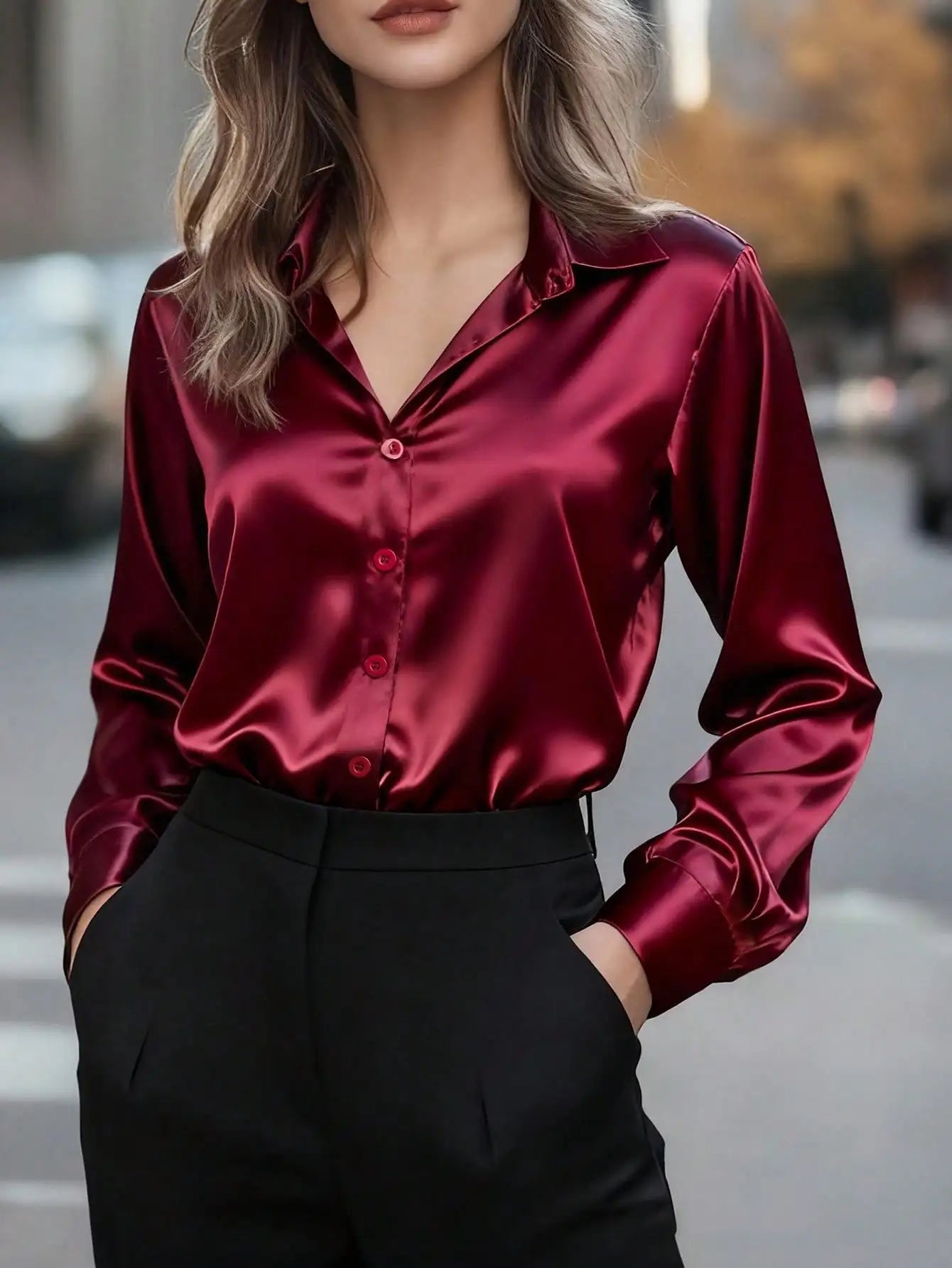 Women's Satin Button-Up Blouse, Apparel