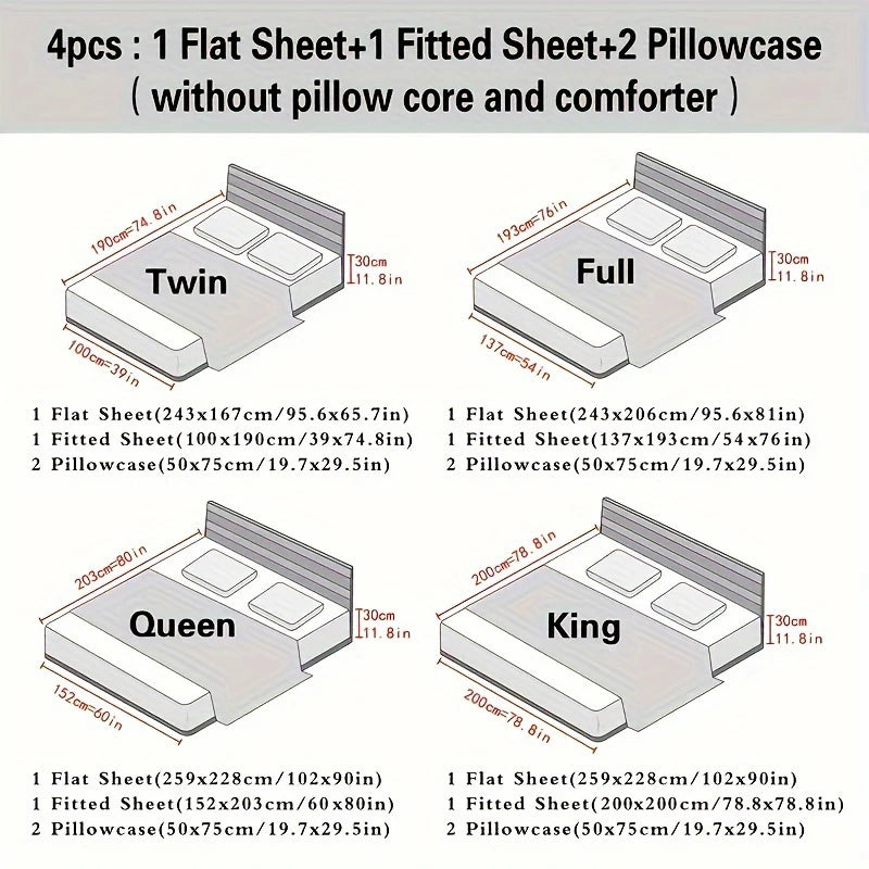 Dolin Plum Blossom Print Bedding Set (1 Fitted Sheet, 1 Flat Sheet, 2 Pillowcases) Ultra-Soft Breathable Fabric.
